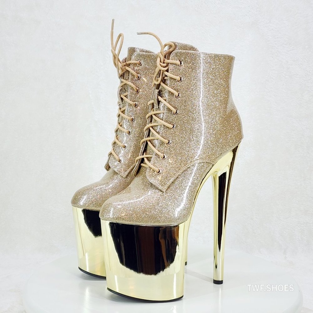 Bulls Gold Glitter Patent Chrome Platform High Heel Ankle Boots